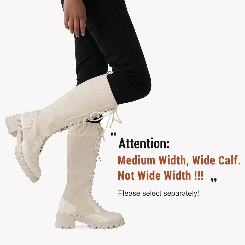 Women's Beige 953 Chunky Platform Heel Lace Gothic Knee High Combat Boots